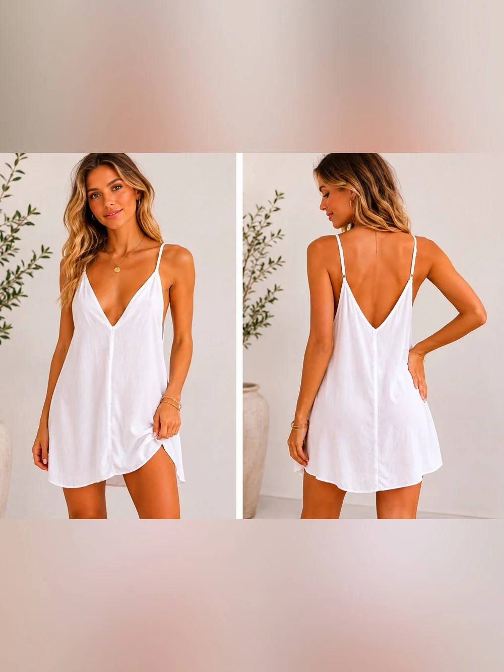 Free People FP One White Slip Cami Tunic Dress L Made in India Sheer Deep V Neck - Picture 2 of 16